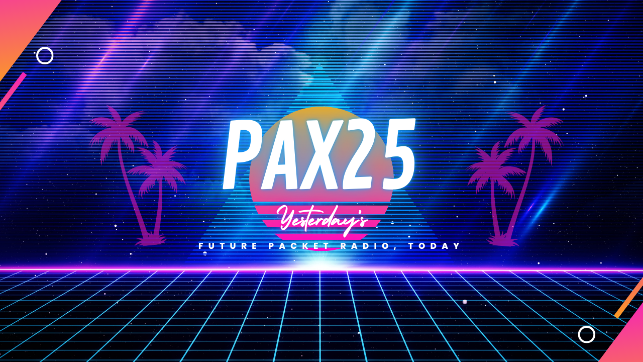 The name of the library, 'Pax25', placed against a vaporwave background with the subtitle 'Yesterday's future packet radio, today'